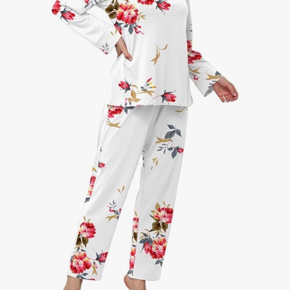 White and Pink Floral Pajama Set with Relaxed Fit New with Tags